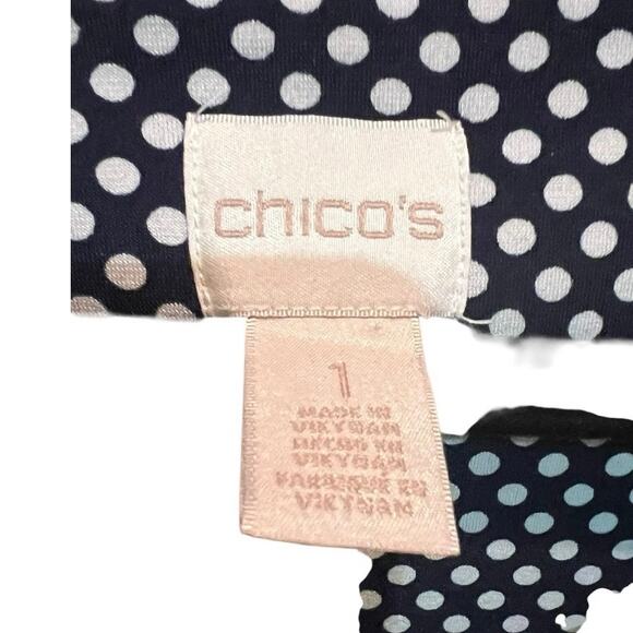 Chico’s Women’s 1 Navy Scoop Neck Cream Polka Dot 3/4 Sleeve Loose Tunic Top - Picture 2 of 10